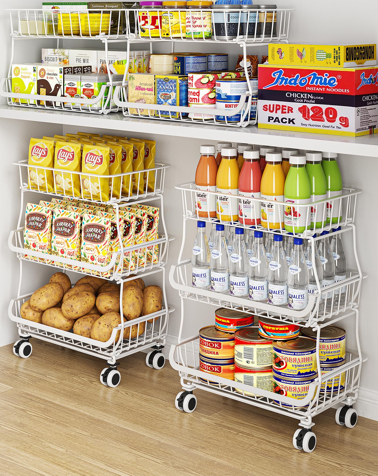 OKZEST 3-Tier Rolling Pantry Floor Organizers and Storage Cart with Wheels