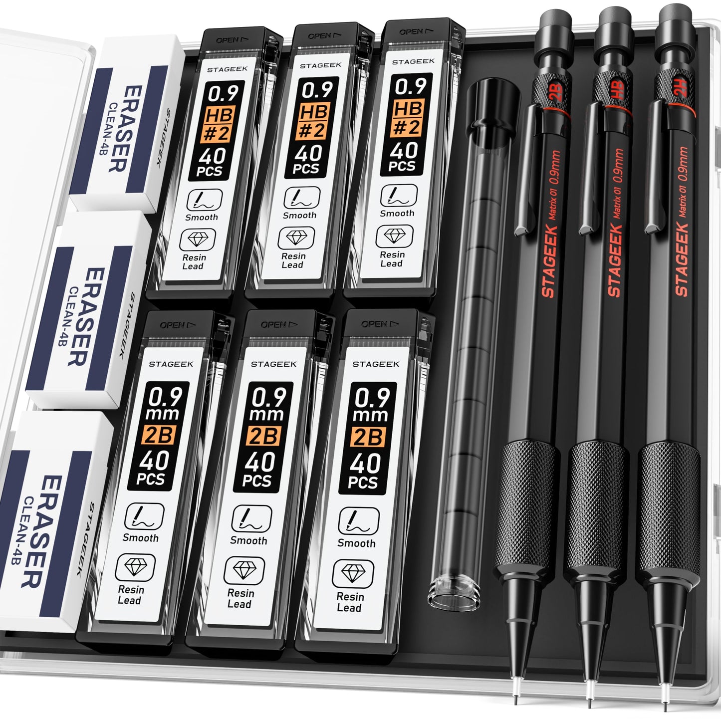 STAGEEK Black Meal Mechanical Pencil Set, 3-Pack, 0.9mm, Storage Case