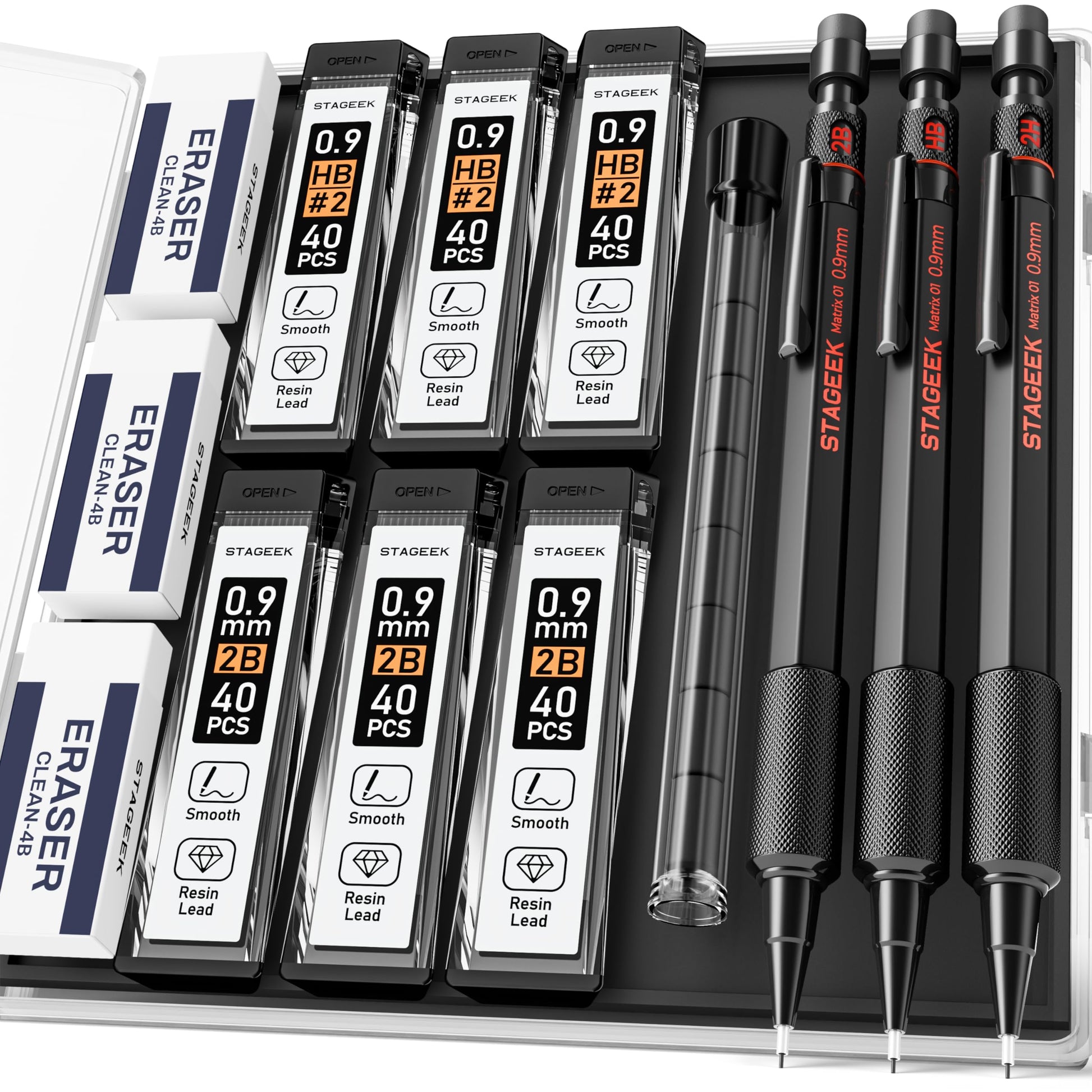 STAGEEK Black Meal Mechanical Pencil Set, 3-Pack, 0.9mm, Storage Case