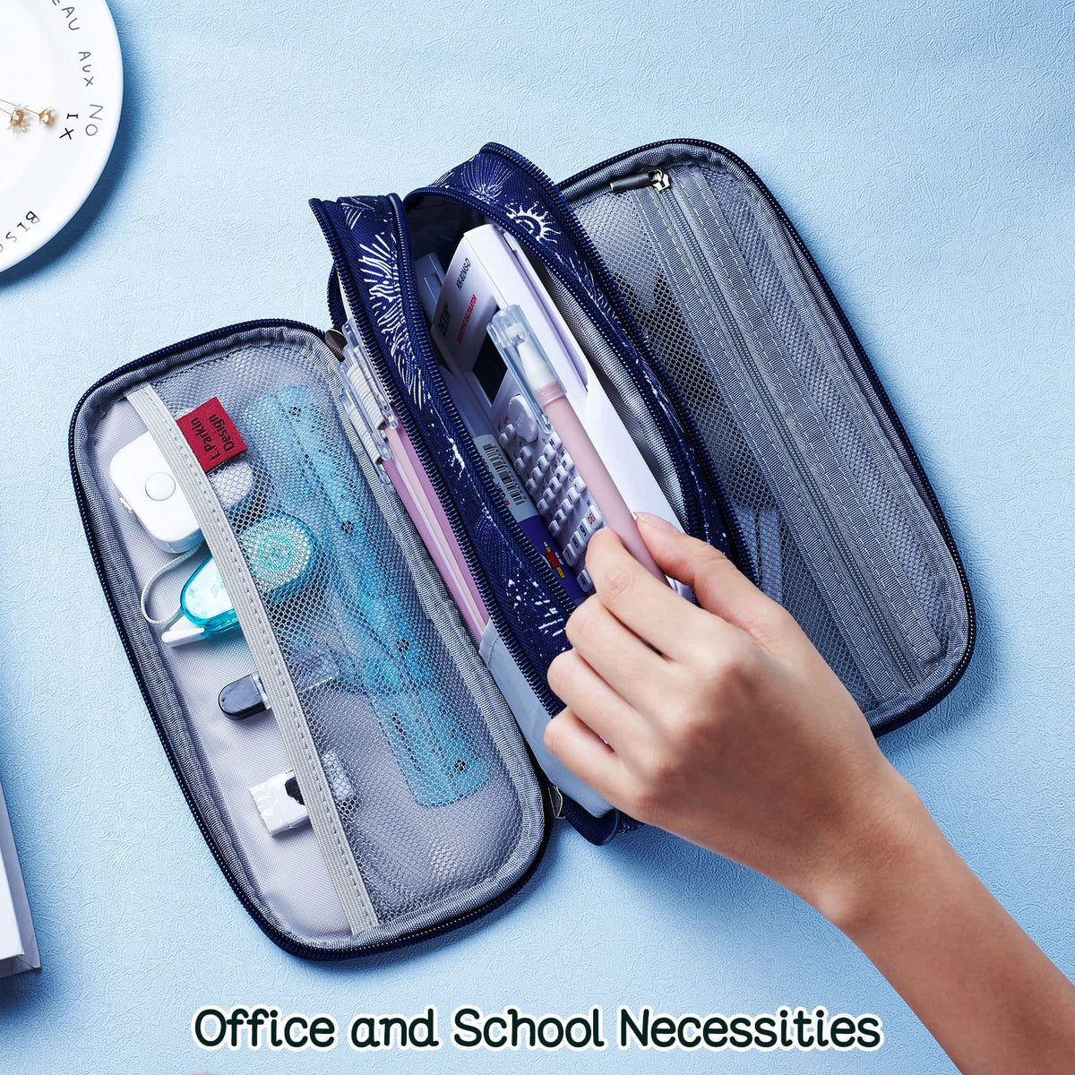 LParkin Sun and Moon Pencil Case Super Large Capacity 3 Compartments Canvas Pencil Box Office