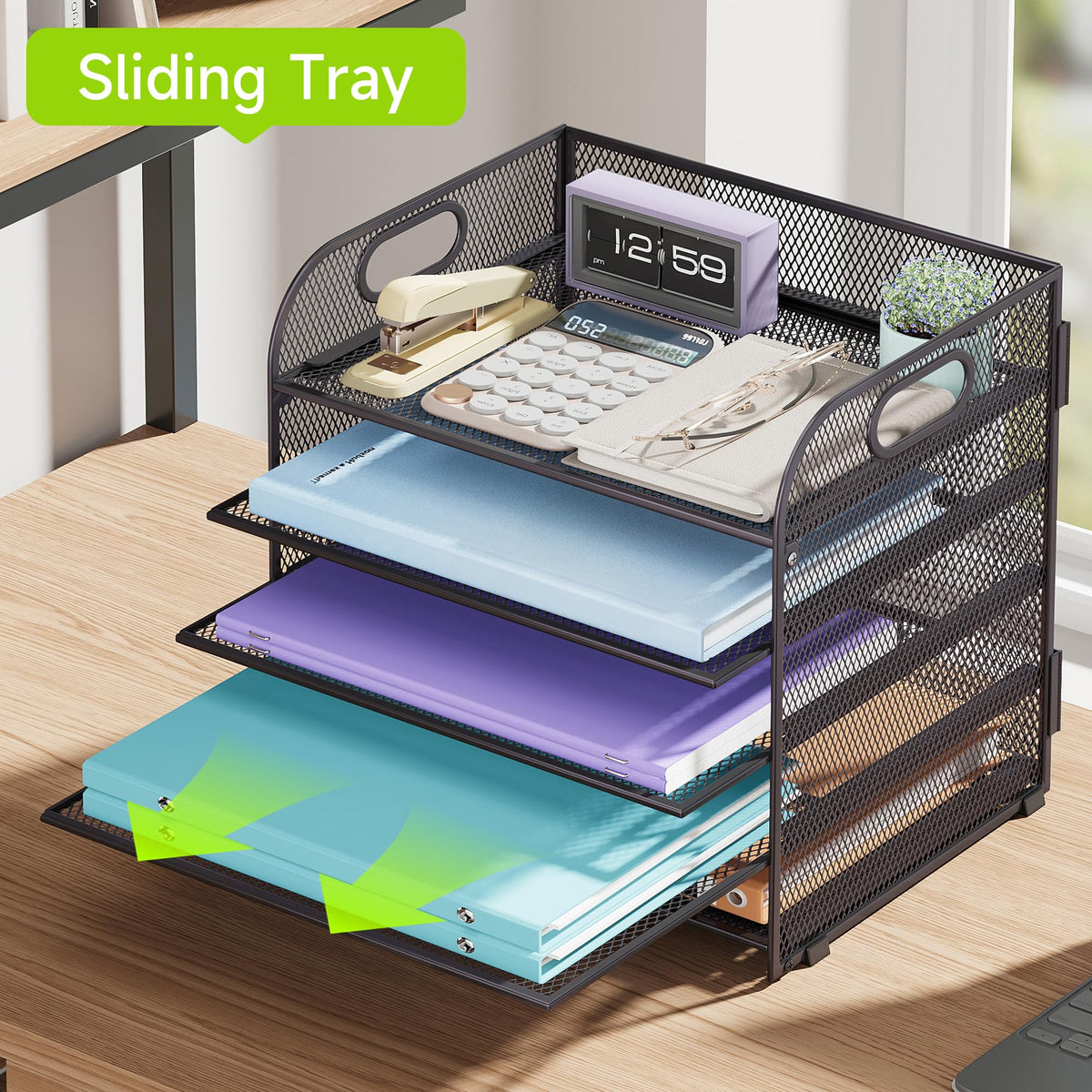 Cawukege 5 Tier Paper Organizer with Handle, Grey Metal Mesh Desk Organizer File Folder Paper