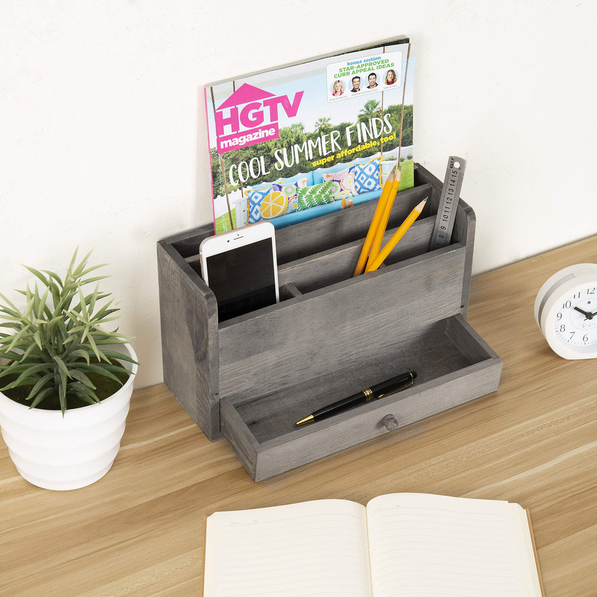 MyGift Rustic Gray Solid Wood Office Desk Supplies and Stationery Organizer, 5 Slot Wooden Desktop