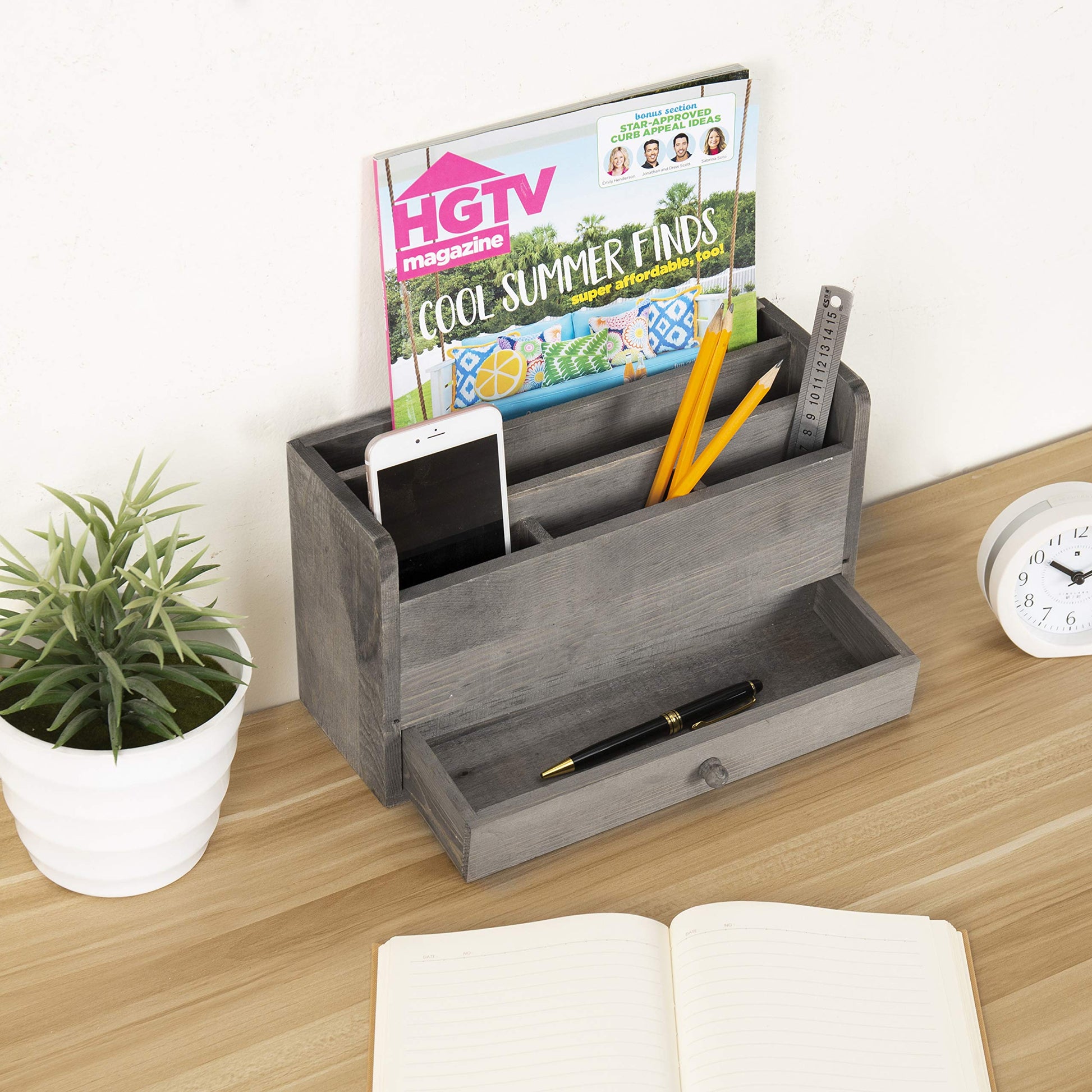 MyGift Rustic Gray Solid Wood Office Desk Supplies and Stationery Organizer, 5 Slot Wooden Desktop