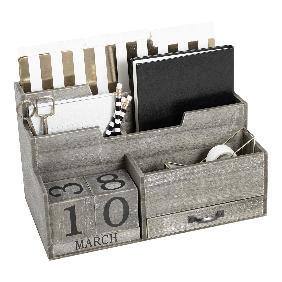 BLU MONACO | Dark Wooden Mail Organizer with Block Calendar | Two-Tier Mail Sorter, Drawer &