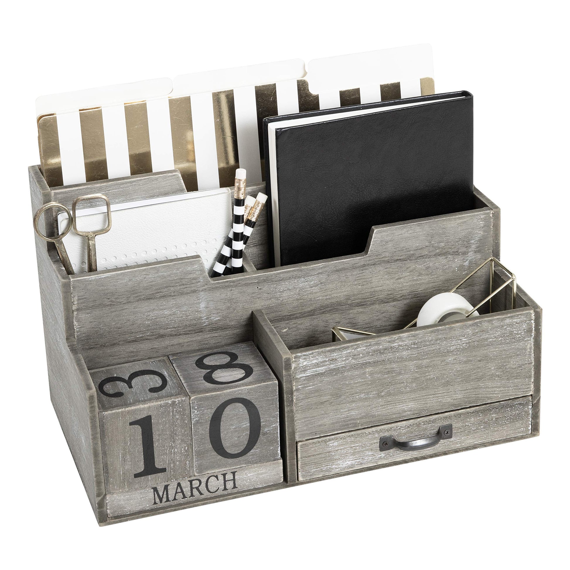 BLU MONACO | Dark Wooden Mail Organizer with Block Calendar | Two-Tier Mail Sorter, Drawer &