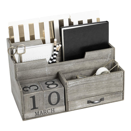 BLU MONACO | Dark Wooden Mail Organizer with Block Calendar | Two-Tier Mail Sorter, Drawer &