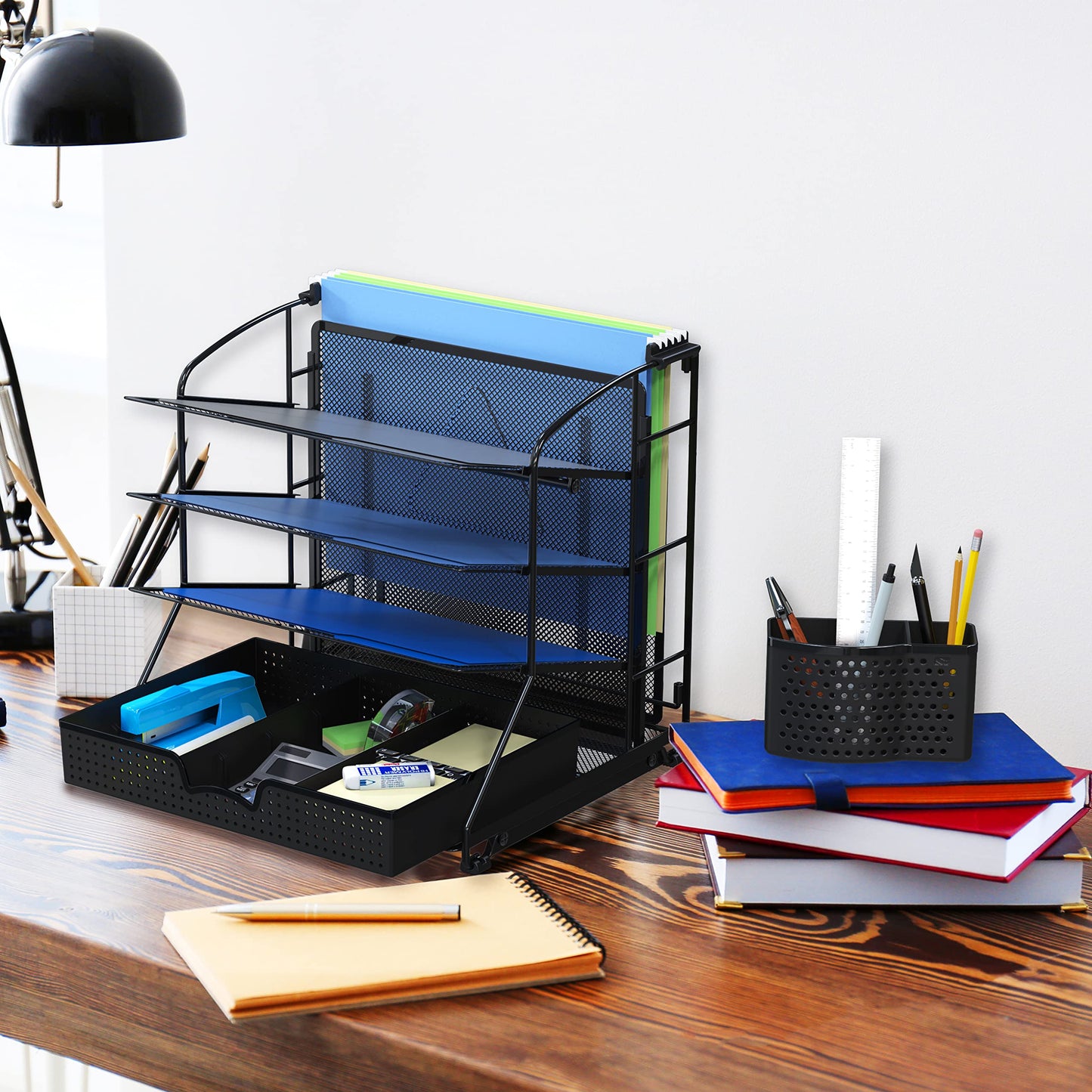 Simple Houseware Desktop Document Tray Organizer with Sliding Drawer, Black