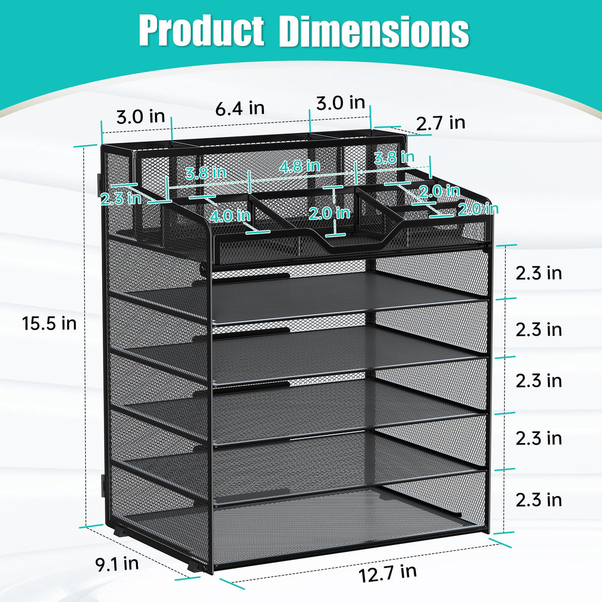 OrgMate 6 Tier Mesh Paper Desk Organizer with Pen Holders, Black