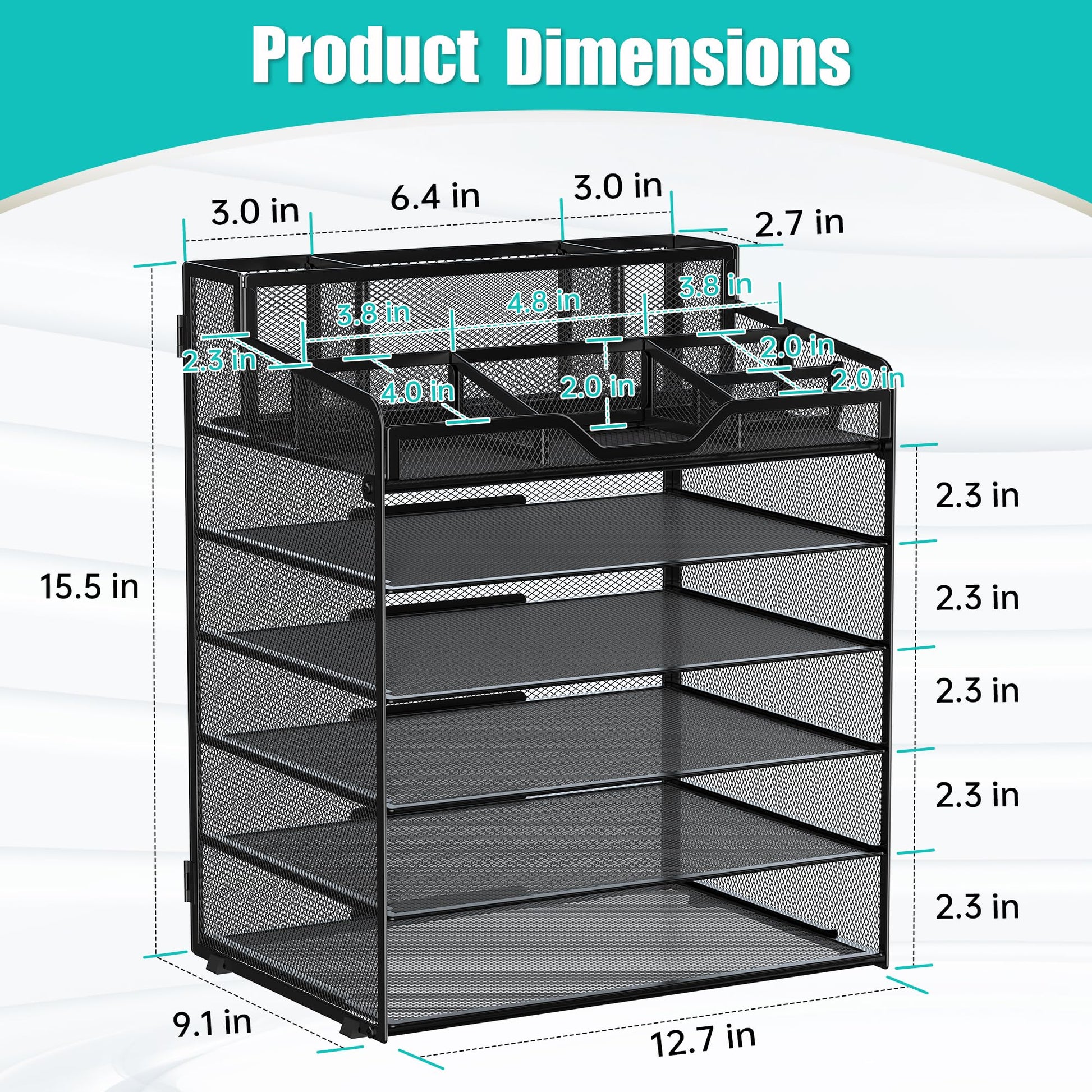 OrgMate 6 Tier Mesh Paper Desk Organizer with Pen Holders, Black