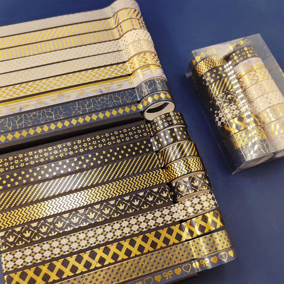 YUBBAEX 18 Rolls Black Gold Washi Tape Set Basic Patterns Foil Print Decorative Tapes for Arts, DIY