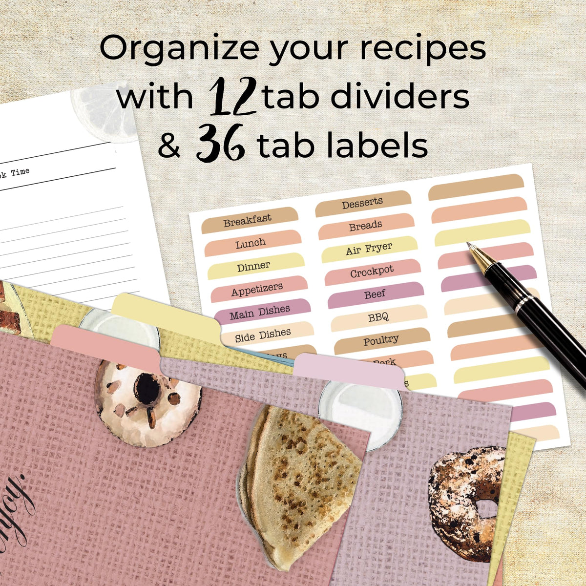 CraftSaints Recipe Binder 8.5x11, 3 Ring DIY Cookbook Kit 12 Dividers & 25 Plastic Sleeves & 25