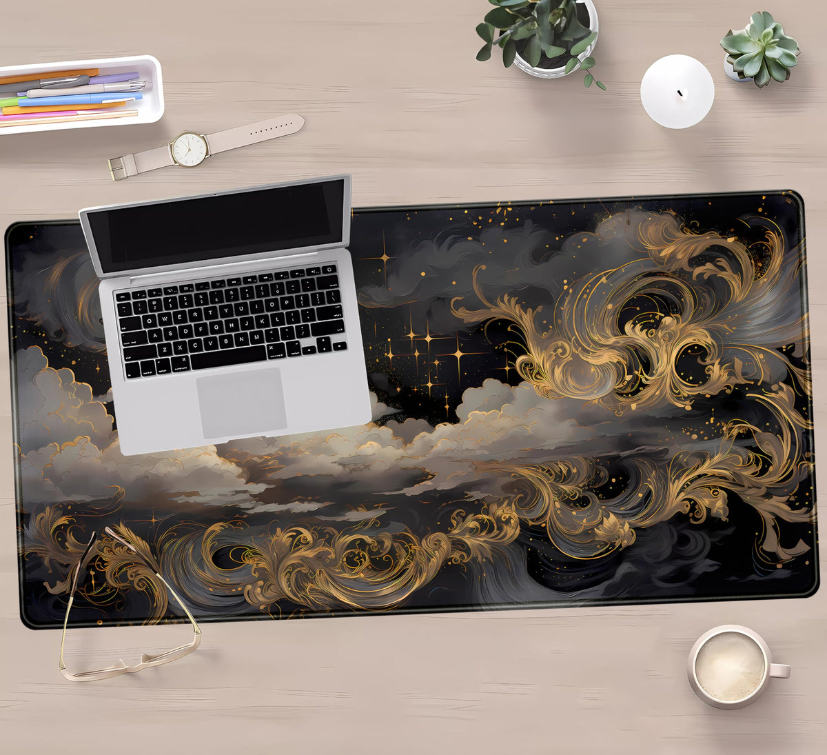 DKPXFG Golden Moon Desk Pad Black Desk Mat XXL Mouse Gaming Pads, Starry Sky Keyboard Pads Extra