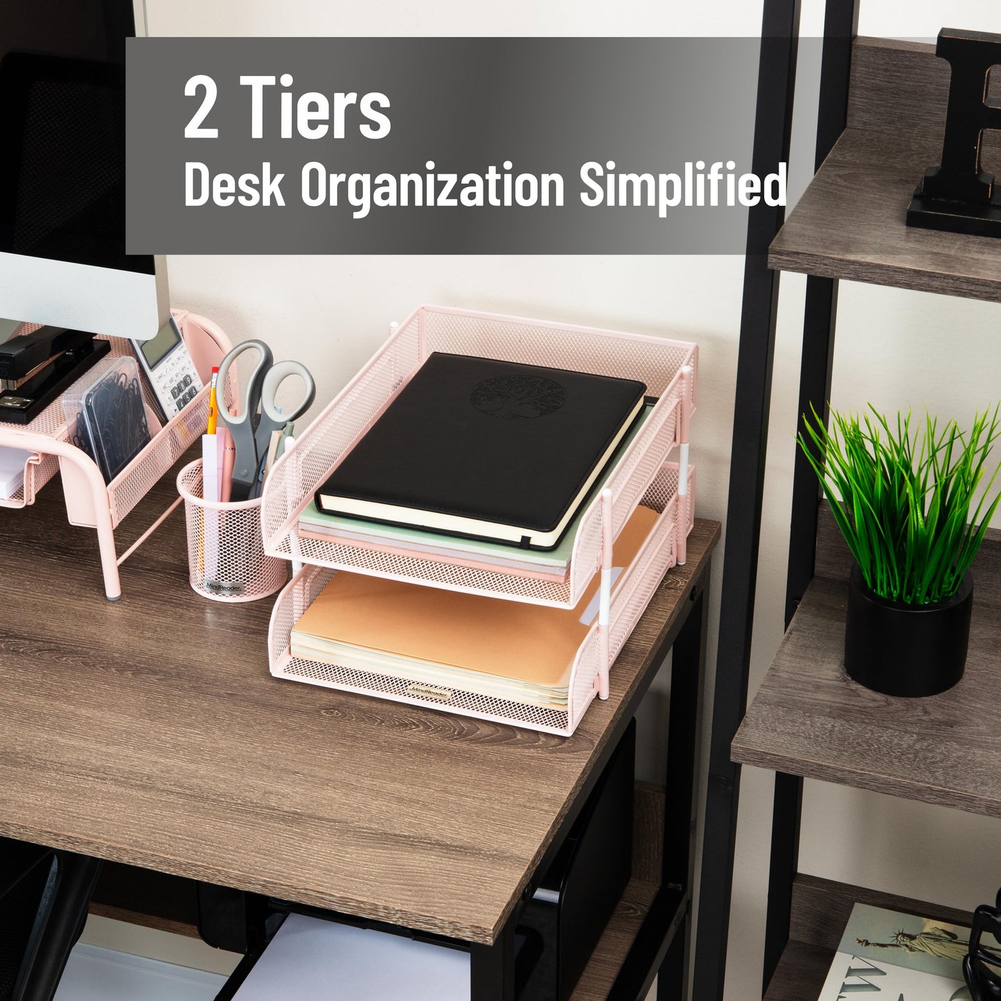 Mind Reader Stackable Paper Tray, Desktop Organizer, File Storage, Office, Metal Mesh, 2 Pcs, Pink