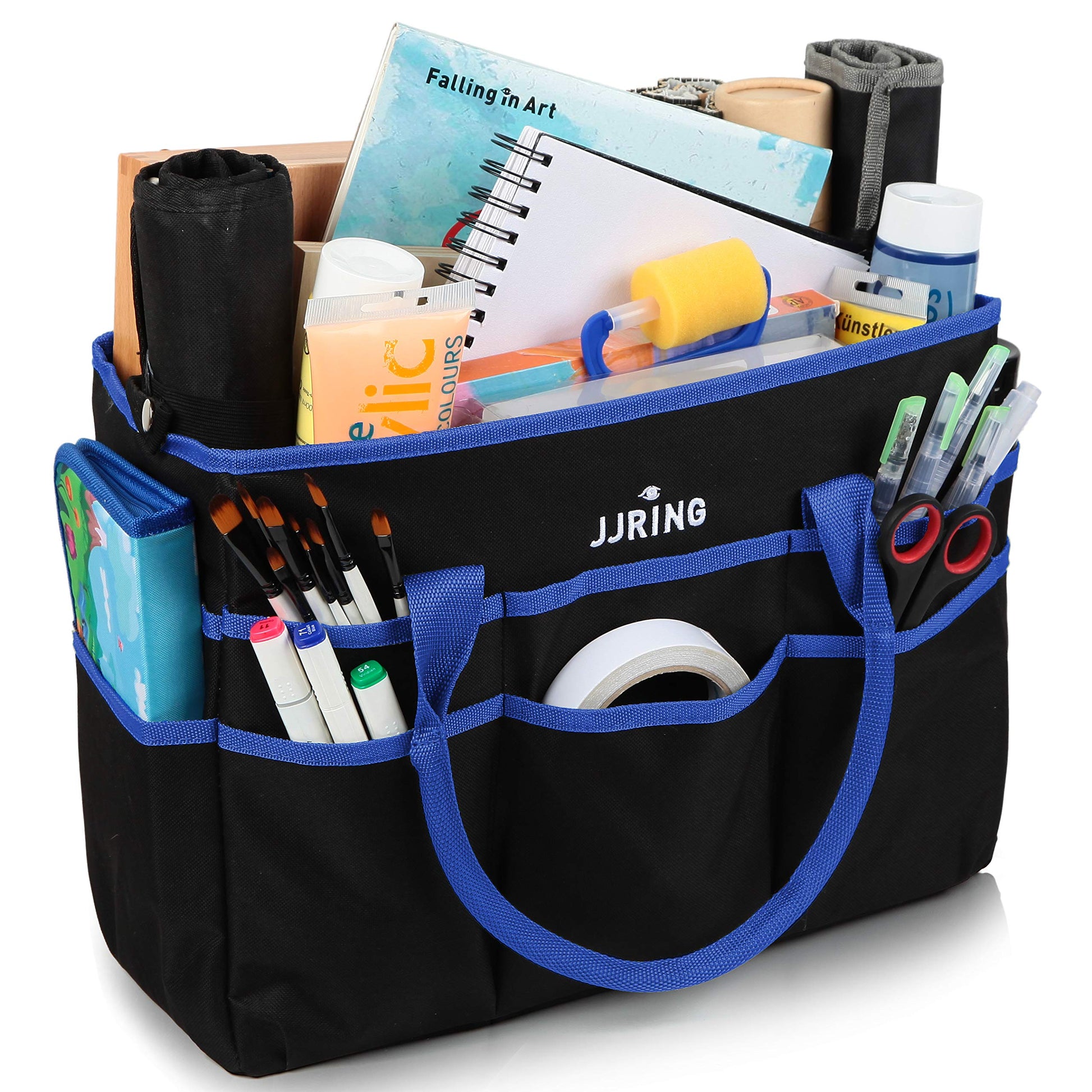 JJRING Large 600D Nylon Artist Organizer Tote Bag With 16 Pockets, Blue