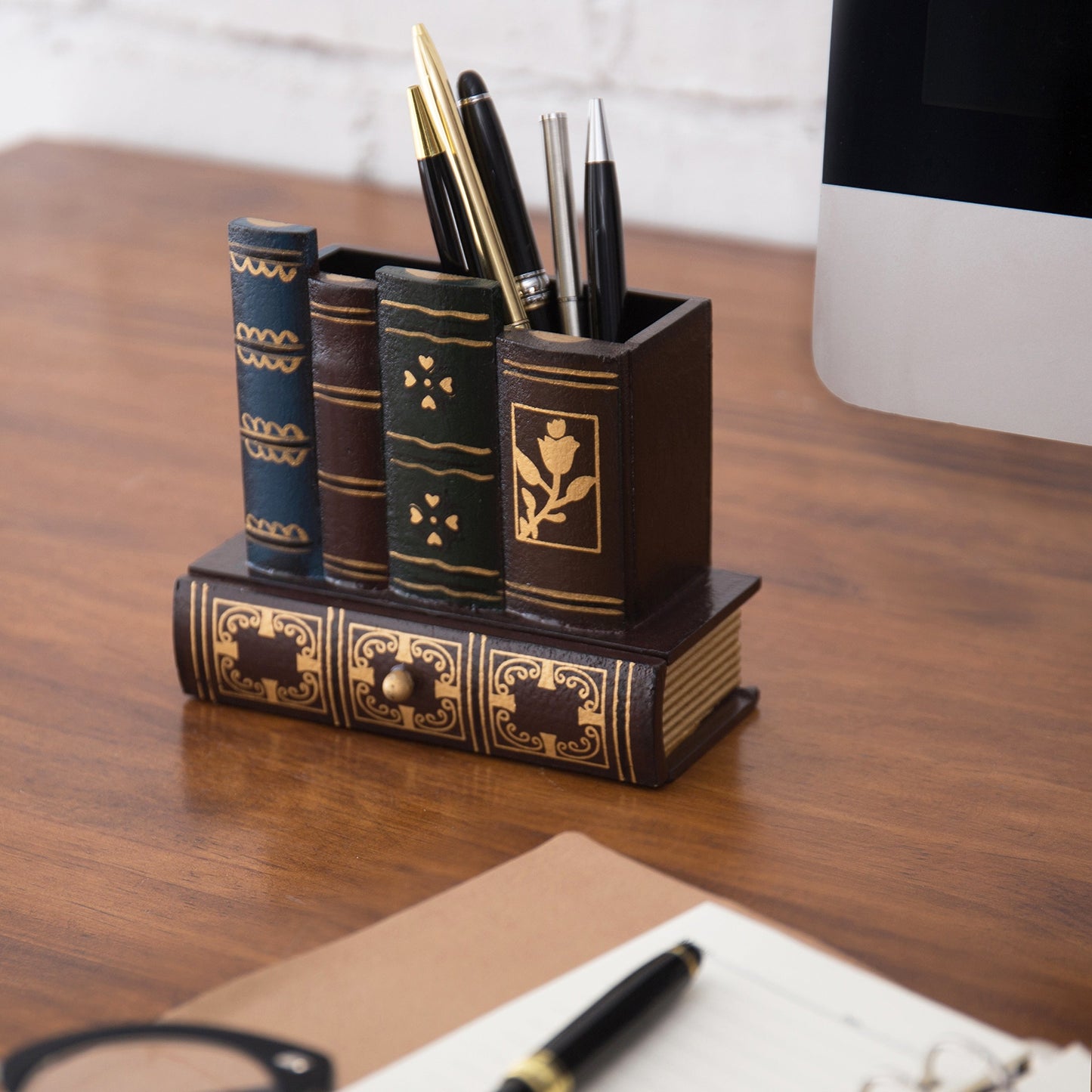 MyGift Decorative Desk Organizer Pen and Pencil Holder with Storage Drawer