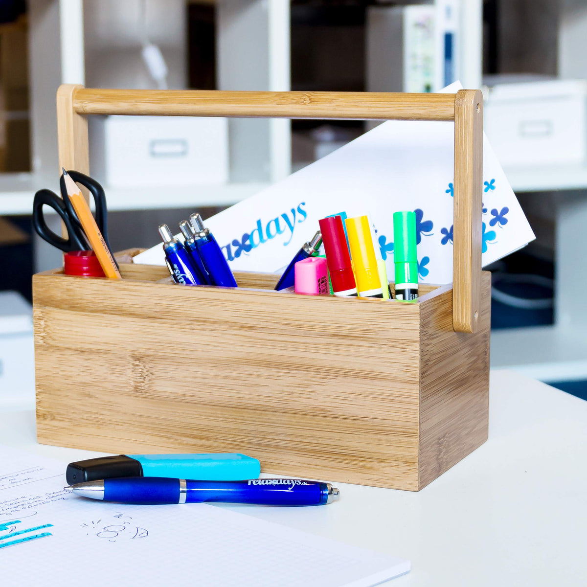 Relaxdays Bamboo Table or Desk Organiser, HxWxD: 20 x 25 x 11.5 cm, with 4 Compartments, Pen or