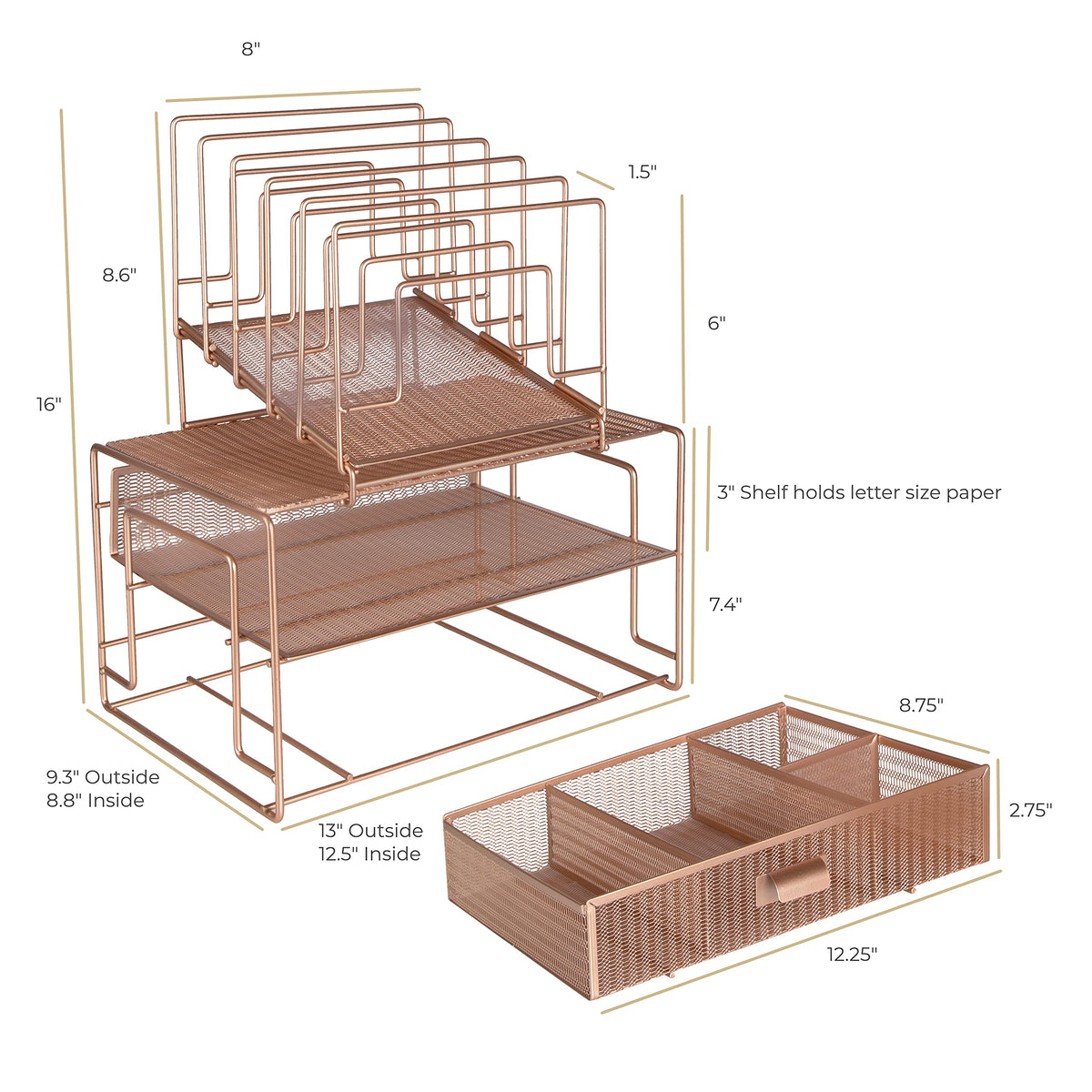 BLU MONACO Rose Gold Desk Organizer with Drawer | Metal Mesh Desktop Rack with File Sorters & Paper