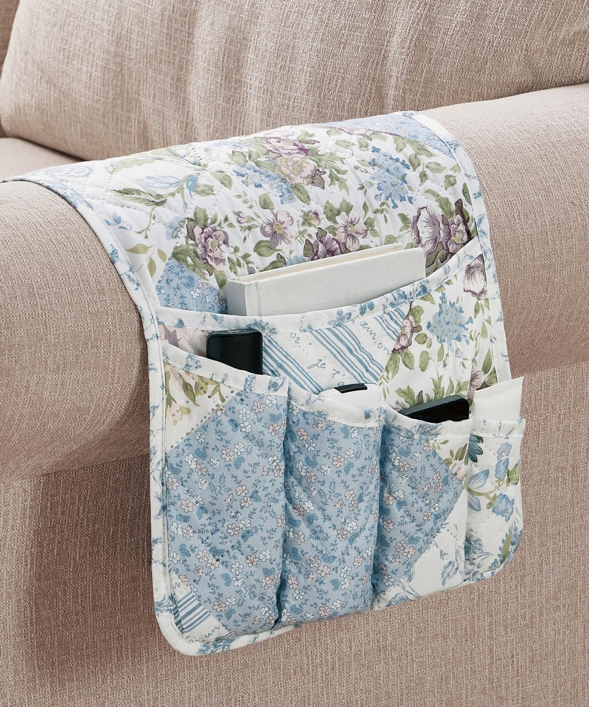 Brilliant Sunshine Blue Roses Patchwork Couch Armrest Cover, 35"×13"