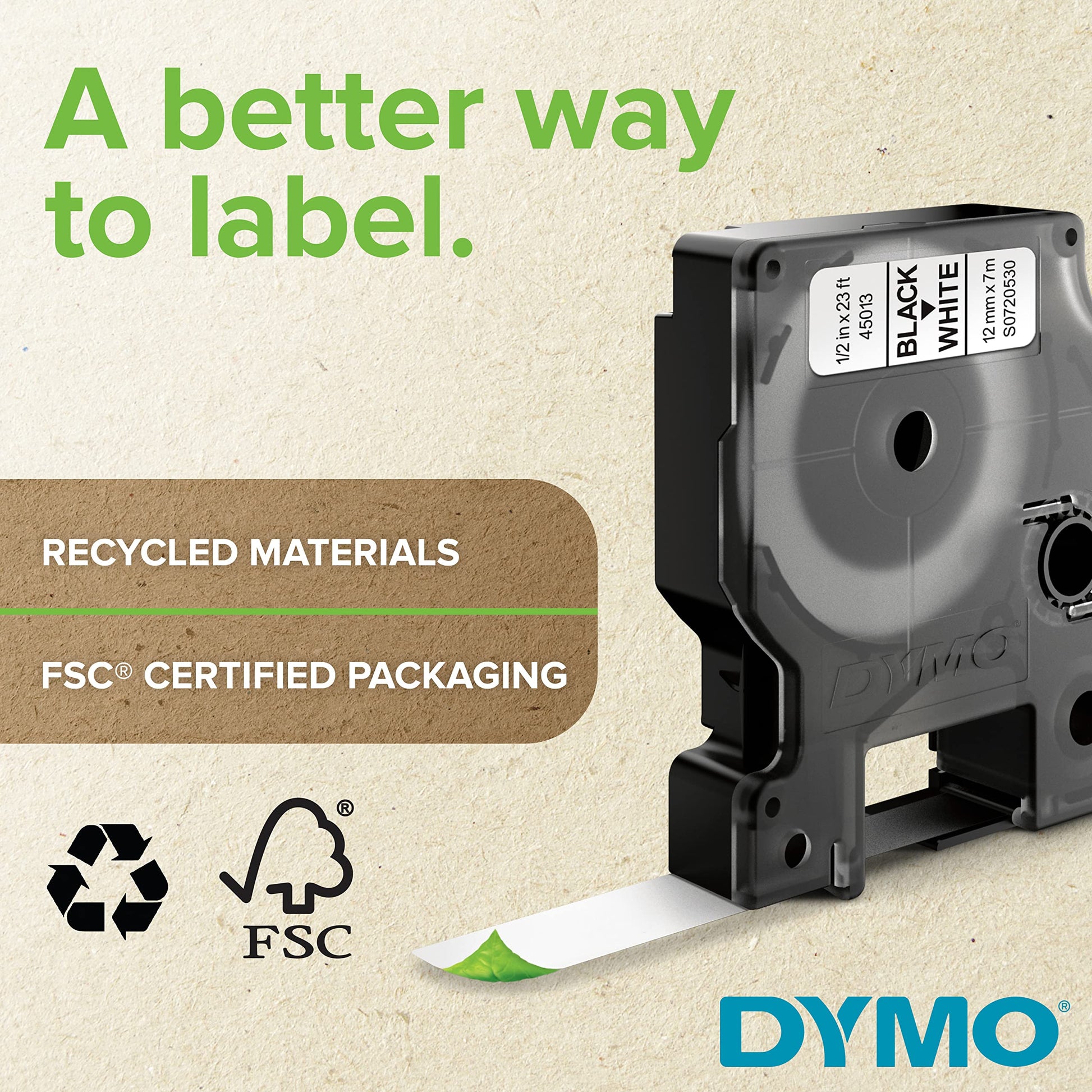 DYMO D1 Durable Labeling Tape for LabelManager Label Makers White Print on Black Tape 1/2" W x 10'