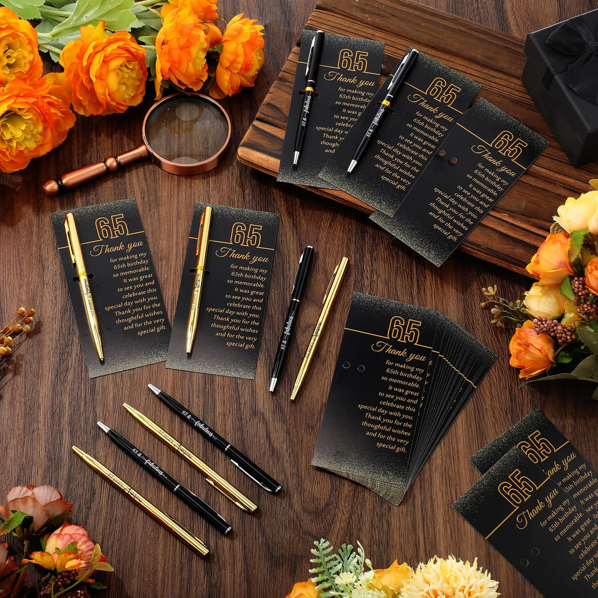 Feifeiya 65th Birthday Party Favors with Black Gold Pens Thank You Cards
