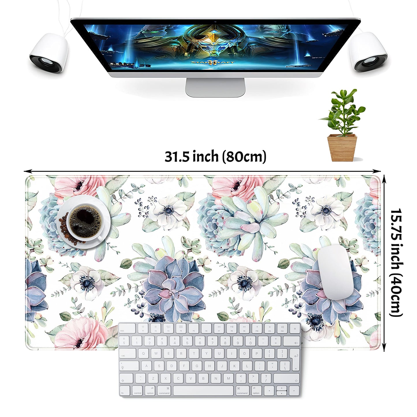 Watercolor Succulents Desk Mat, Plants Succulent Roses Desk Pad Protector, Large Gaming Mouse Pad