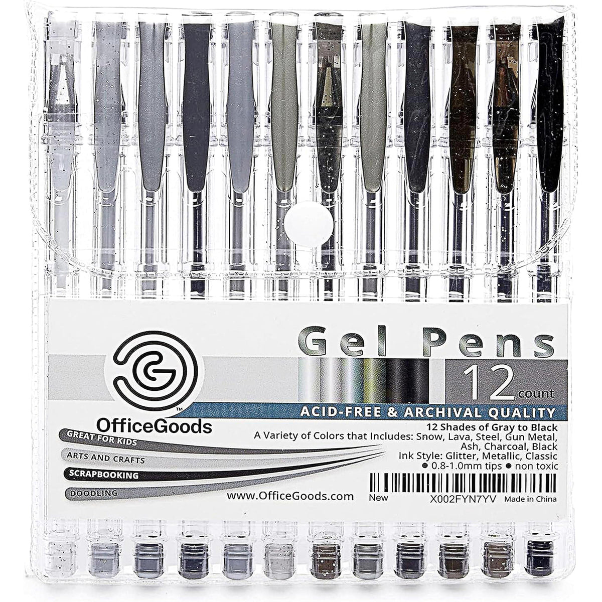 OfficeGoods Black and Grey Gel Pens with Refills, Glitter Metallic, 12 Pack