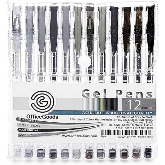 OfficeGoods Black and Grey Gel Pens with Refills, Glitter Metallic, 12 Pack