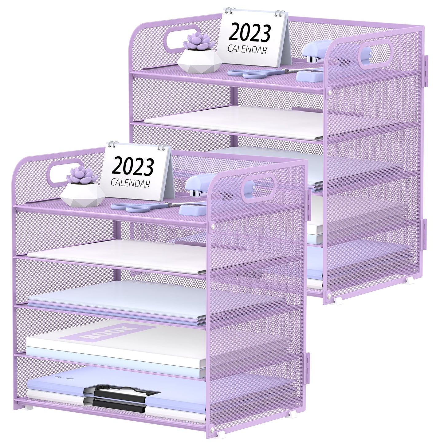 2 Pack 5-Tier Purple Desk Organizer with Handle Mesh Desk File/Paper Organizer Letter Tray for
