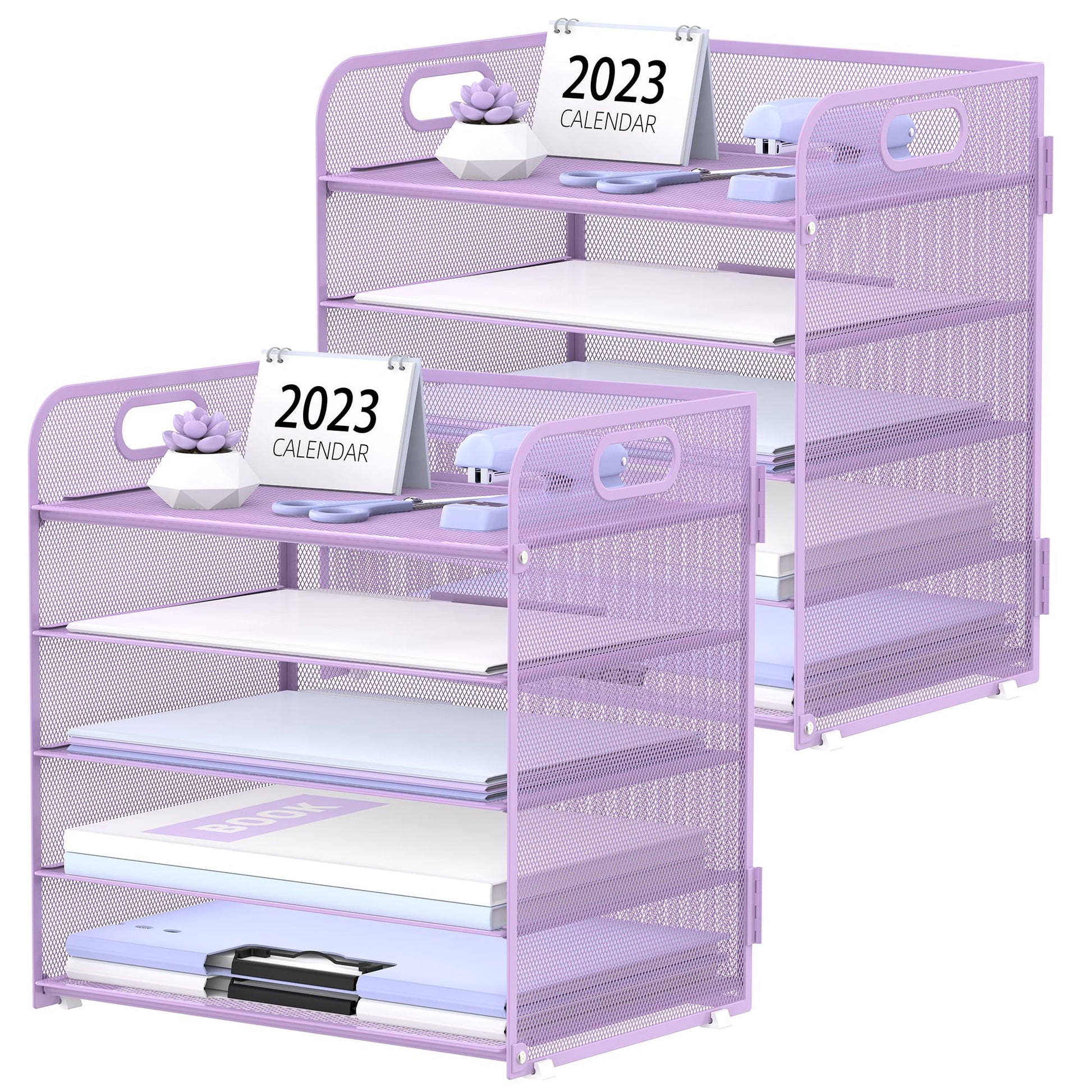 2 Pack 5-Tier Purple Desk Organizer with Handle Mesh Desk File/Paper Organizer Letter Tray for