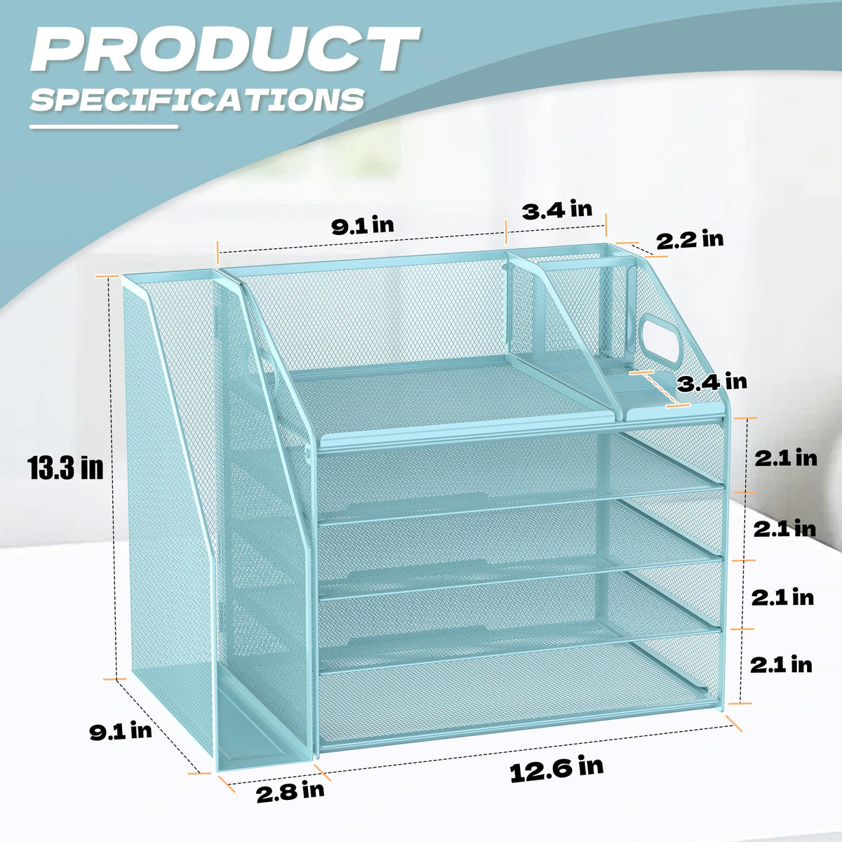 DocNest 5 Tier Metal Mesh Desk File Organizer with Phone Shelf, Blue