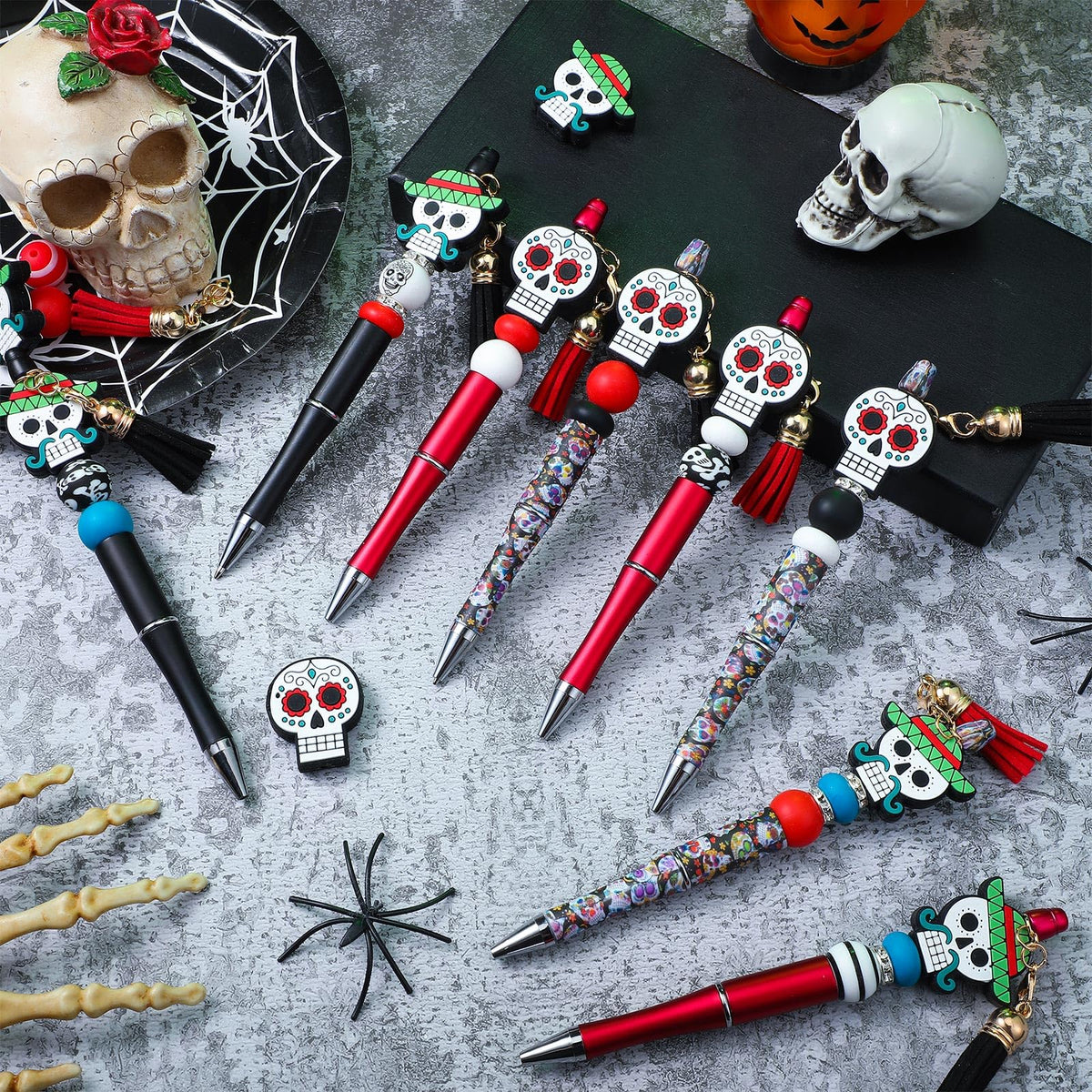 Colarr 12 Sets Halloween Beadable Pen DIY Pen Making Kit,Skull Style