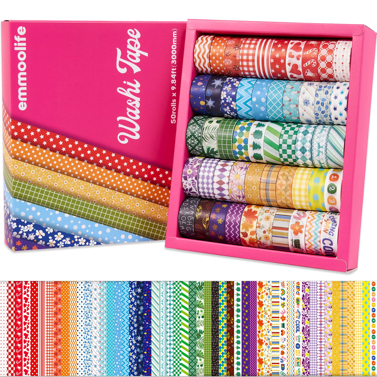 emmoolife 50 Rolls Washi Tape Set, 15mm Wide Rainbow Colored Tape Aesthetic Design Masking
