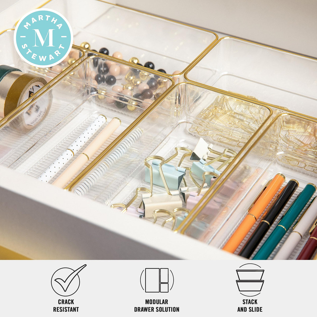 Martha Stewart Kerry Plastic Stackable Office Desk Drawer Organizers, 6" x 3", 6 Pack, with Gold