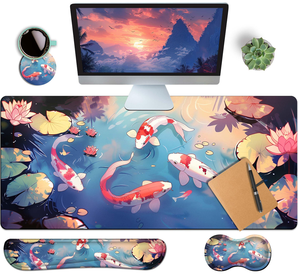 HaoSiTeck 4-Piece Extended Large Mouse Pad Set for Women Men with Colorful Koi Design Includes 35.4