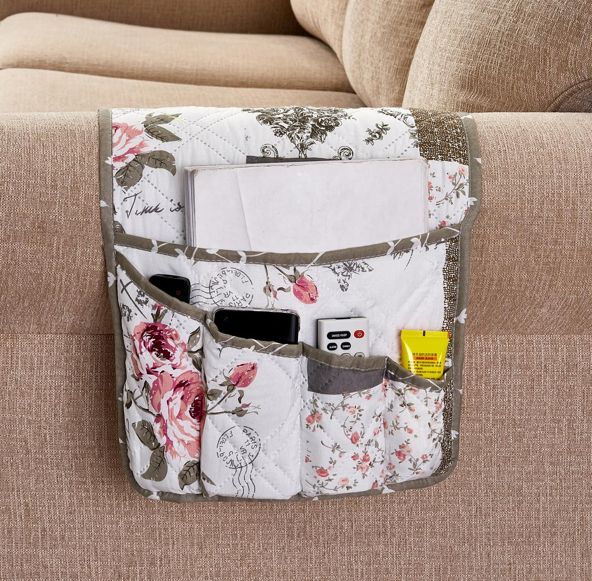 Brilliant Sunshine Pink Rose & Grey Toile Couch Armrest Cover, 35"×13"