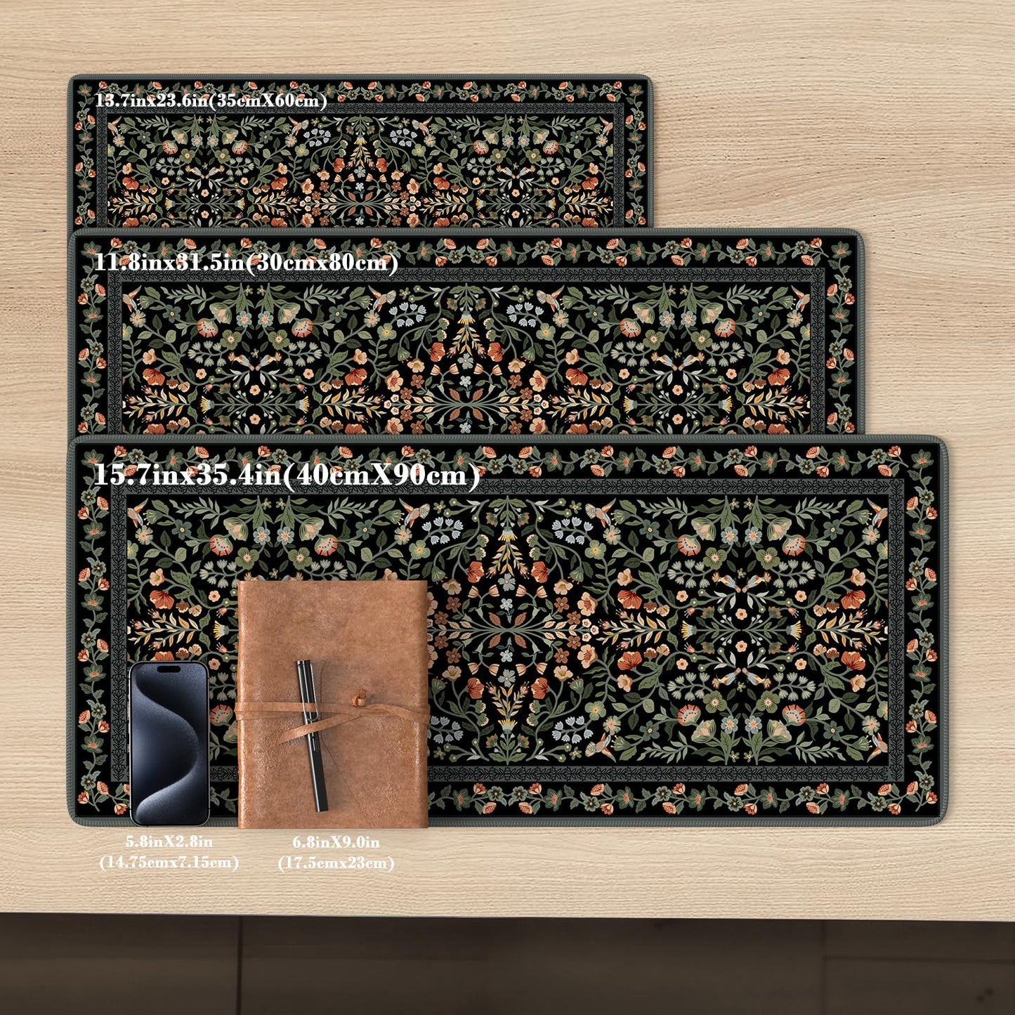 iCasso Floral Desk Mat,Mouse Pad for Office Decor,35.4x15.7in,Black