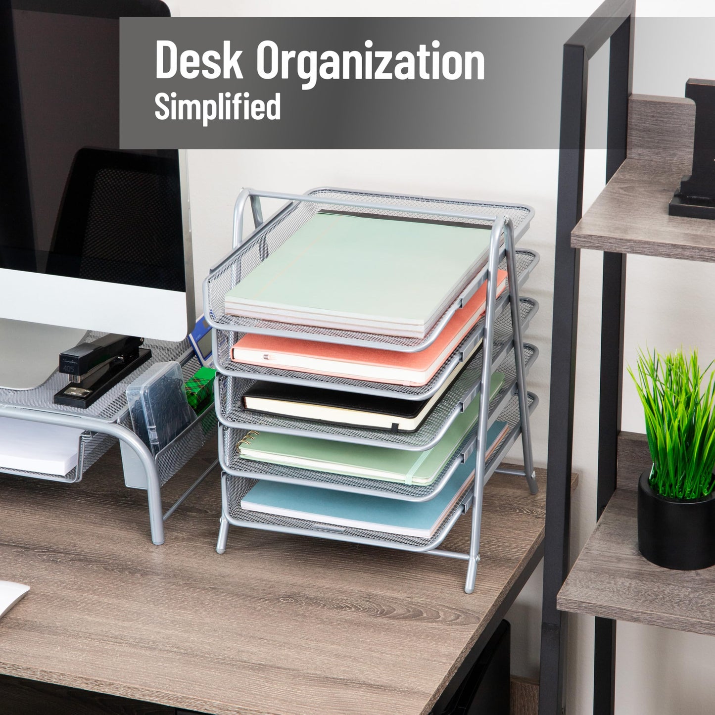 Mind Reader 5-Tier Paper Tray Organizer, Vertical Desktop File Storage Rack, Office, Metal Mesh