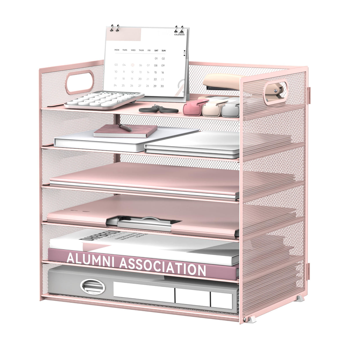 Daltack 6-Tier Paper Organizer for Desk with Handle, Pink
