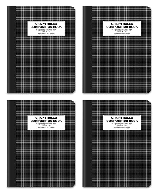 Better Office Products Quad Ruled Composition Book Notebook, 4 Pack, Hardcover 4x4 Graph Ruled