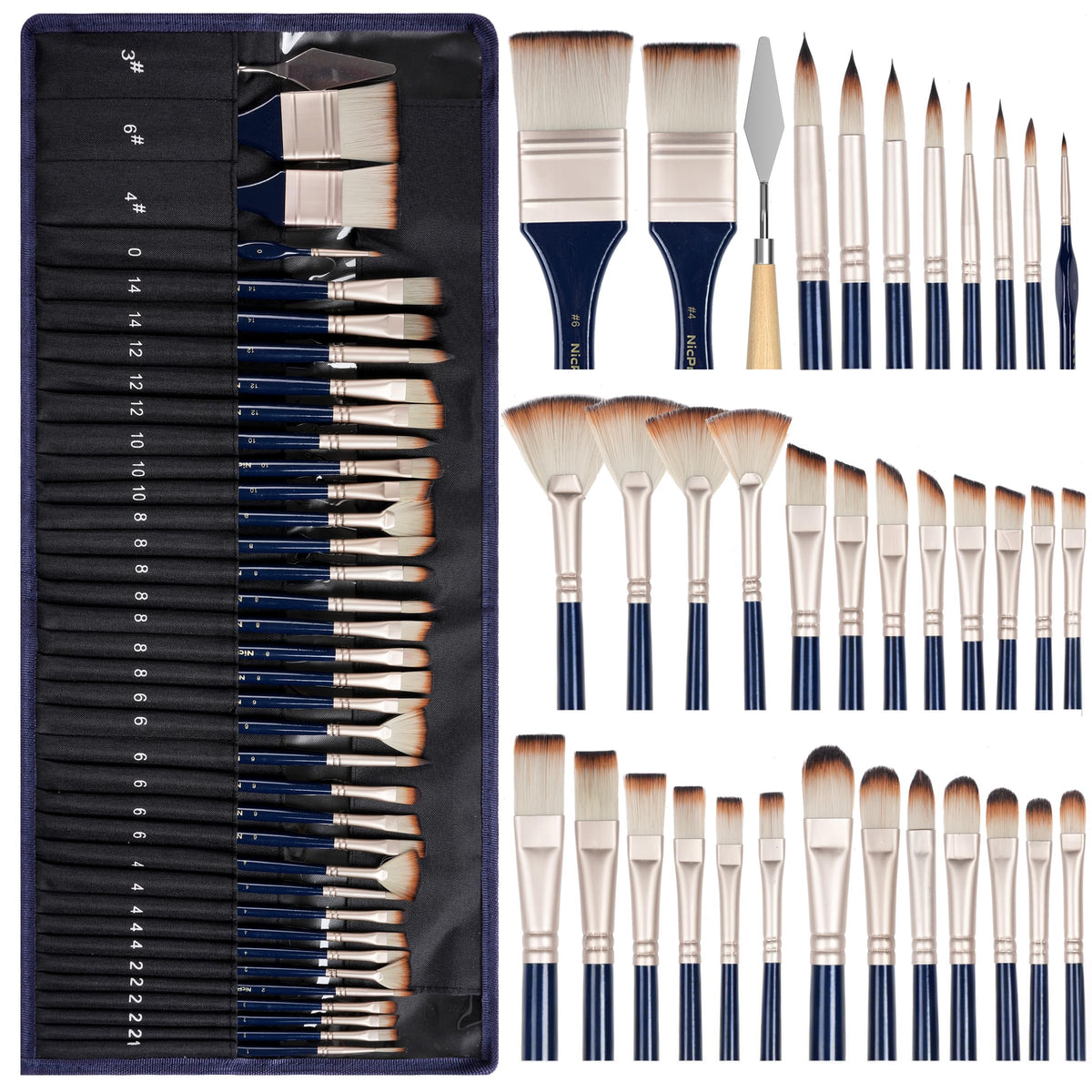 Nicpro 36pcs Paint Brush Set for Acrylic Painting, Oil, Watercolor, Gouache