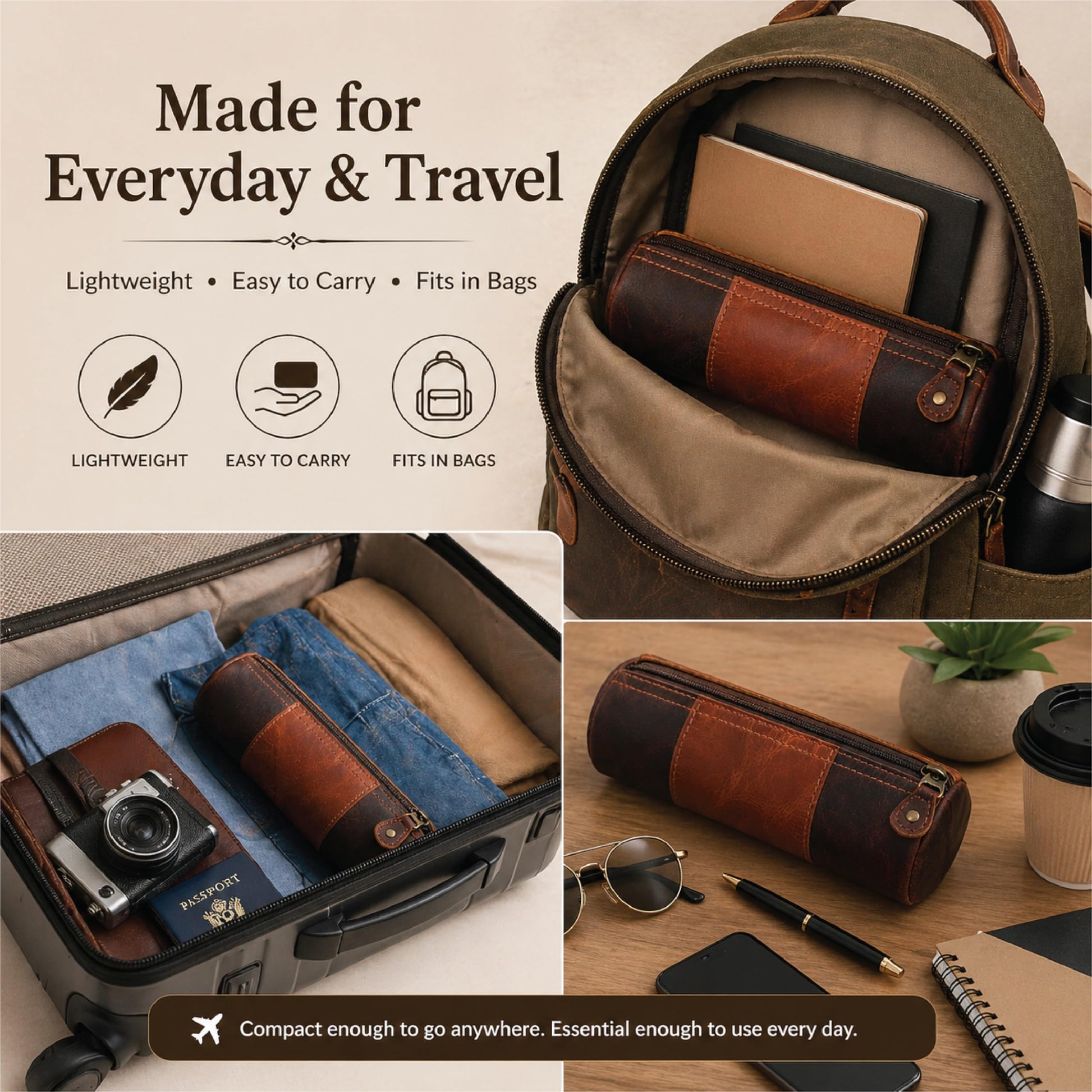 TheAntiq Genuine Leather Pencil Pouch, Handcrafted Zipper Organizer Case with Wrist Strap, Durable