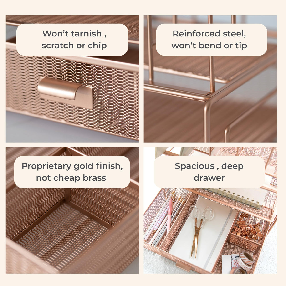 BLU MONACO | Rose Gold Desk Organizer with Drawer | Metal Desk Organizer with File Sorters and
