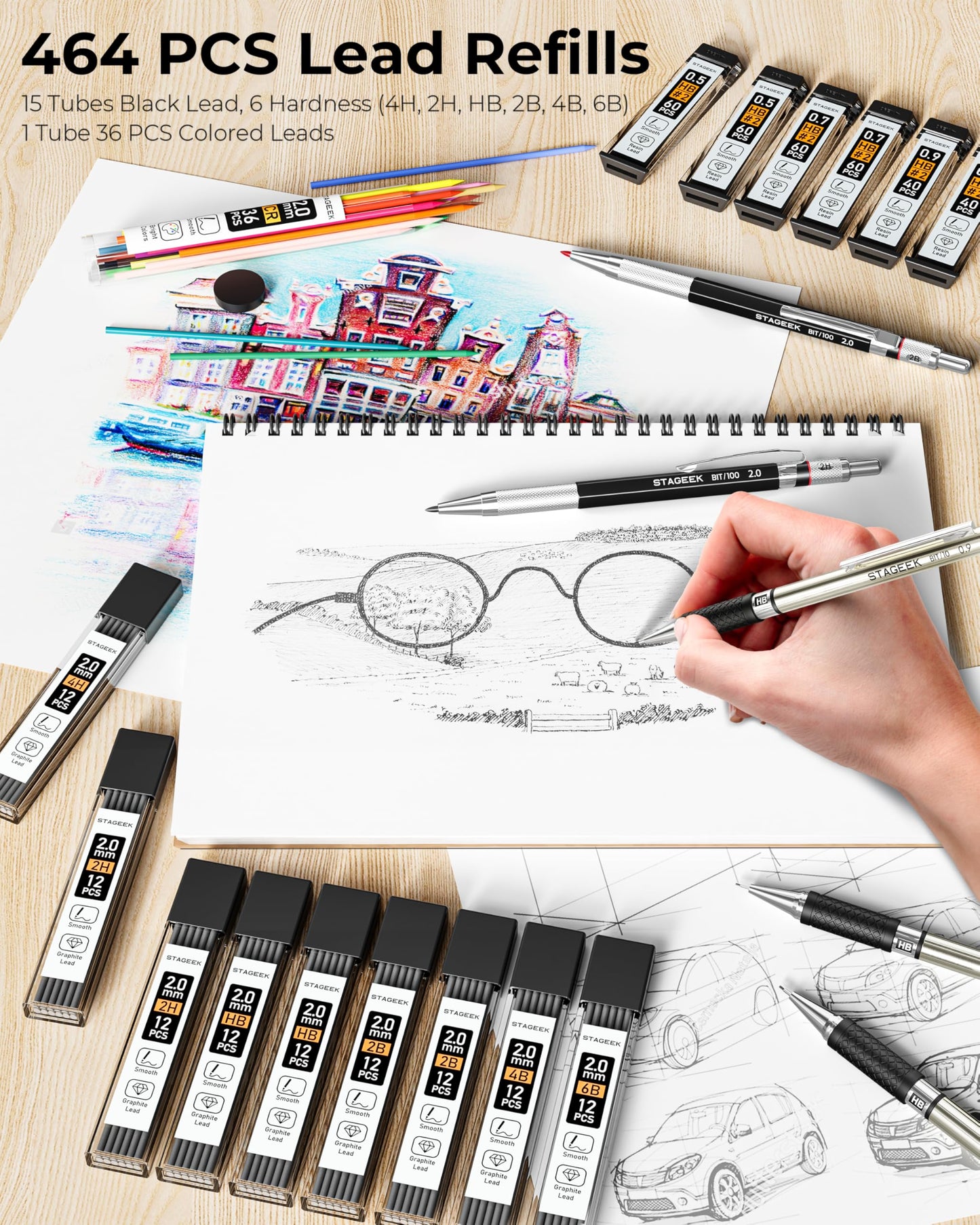 STAGEEK Mechanical Pencil Set with Leather Bag 30 Count, Drawing Pencils 0.5, 0.7, 0.9MM & 3PCS 2MM