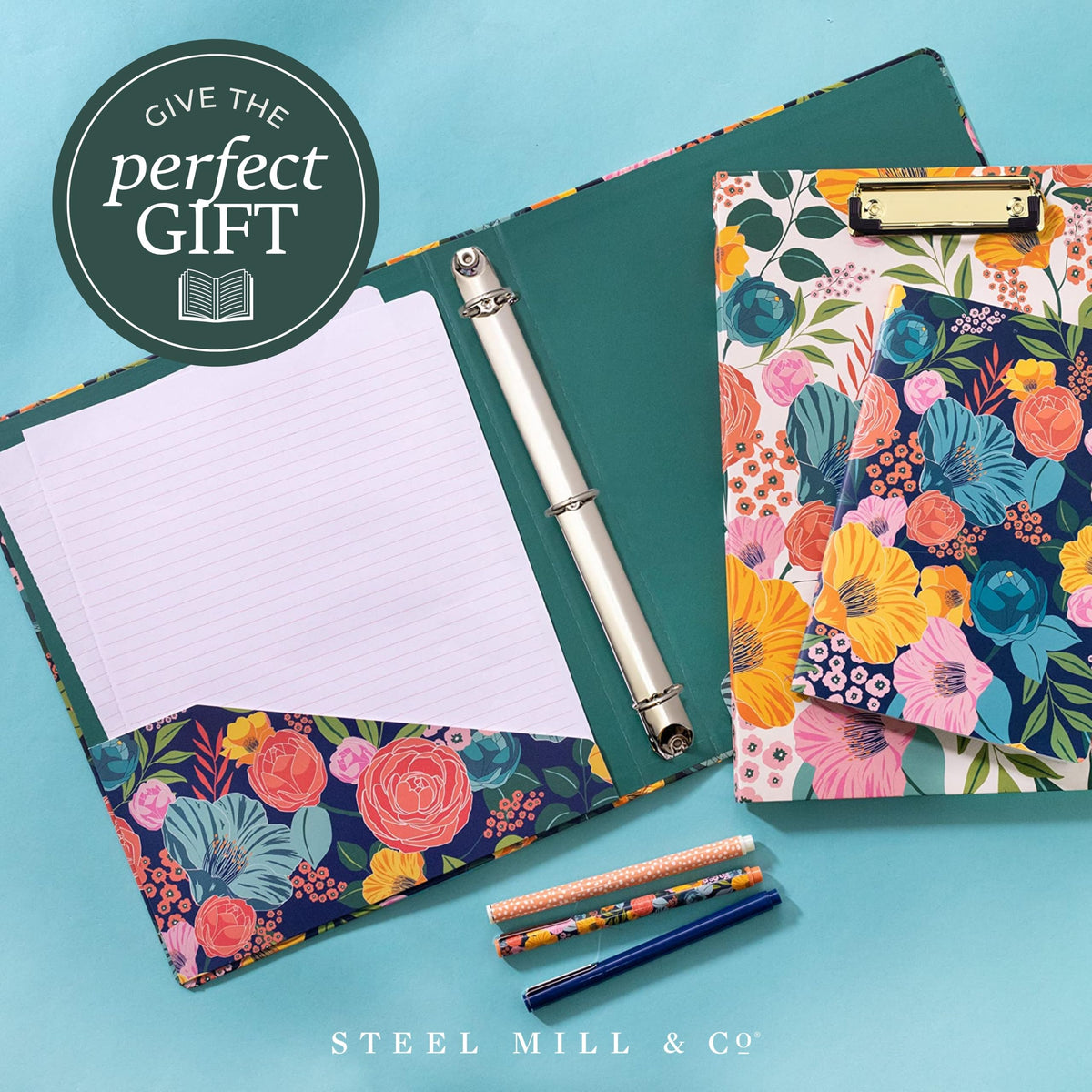 Steel Mill & Co. 1-Inch Hardcover 3 Ring Binder, Garden Blooms (Navy)