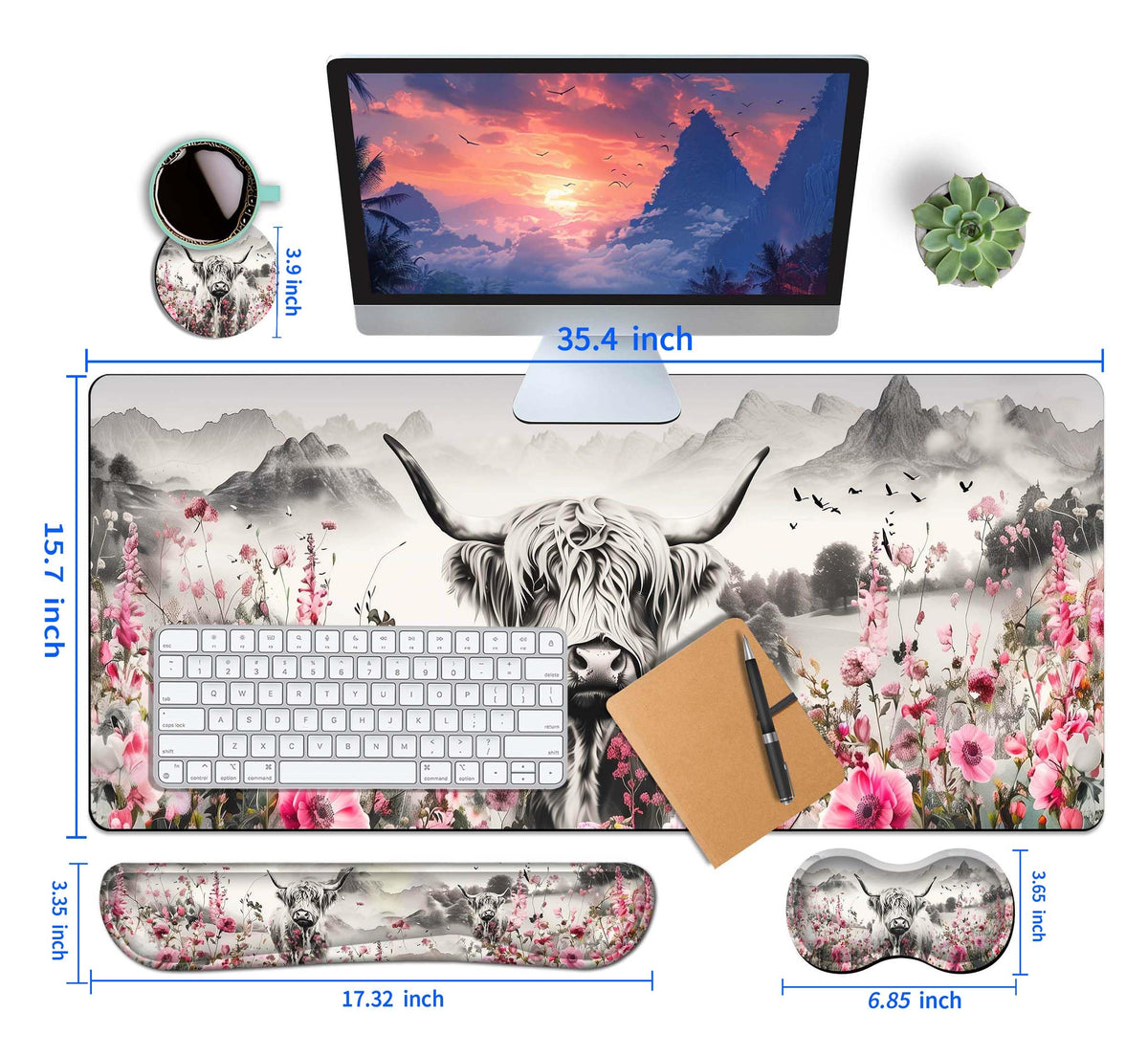 HaoSiTeck 4-Piece Extended Large Mouse Pad Set for Women Men with Highland Cow Design Includes 35.4