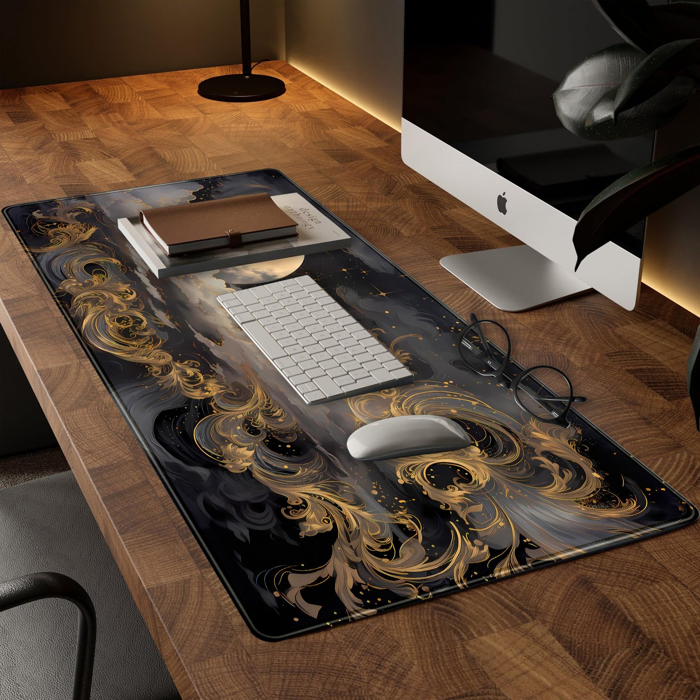 DKPXFG Golden Moon Desk Pad Black Desk Mat XXL Mouse Gaming Pads, Starry Sky Keyboard Pads Extra