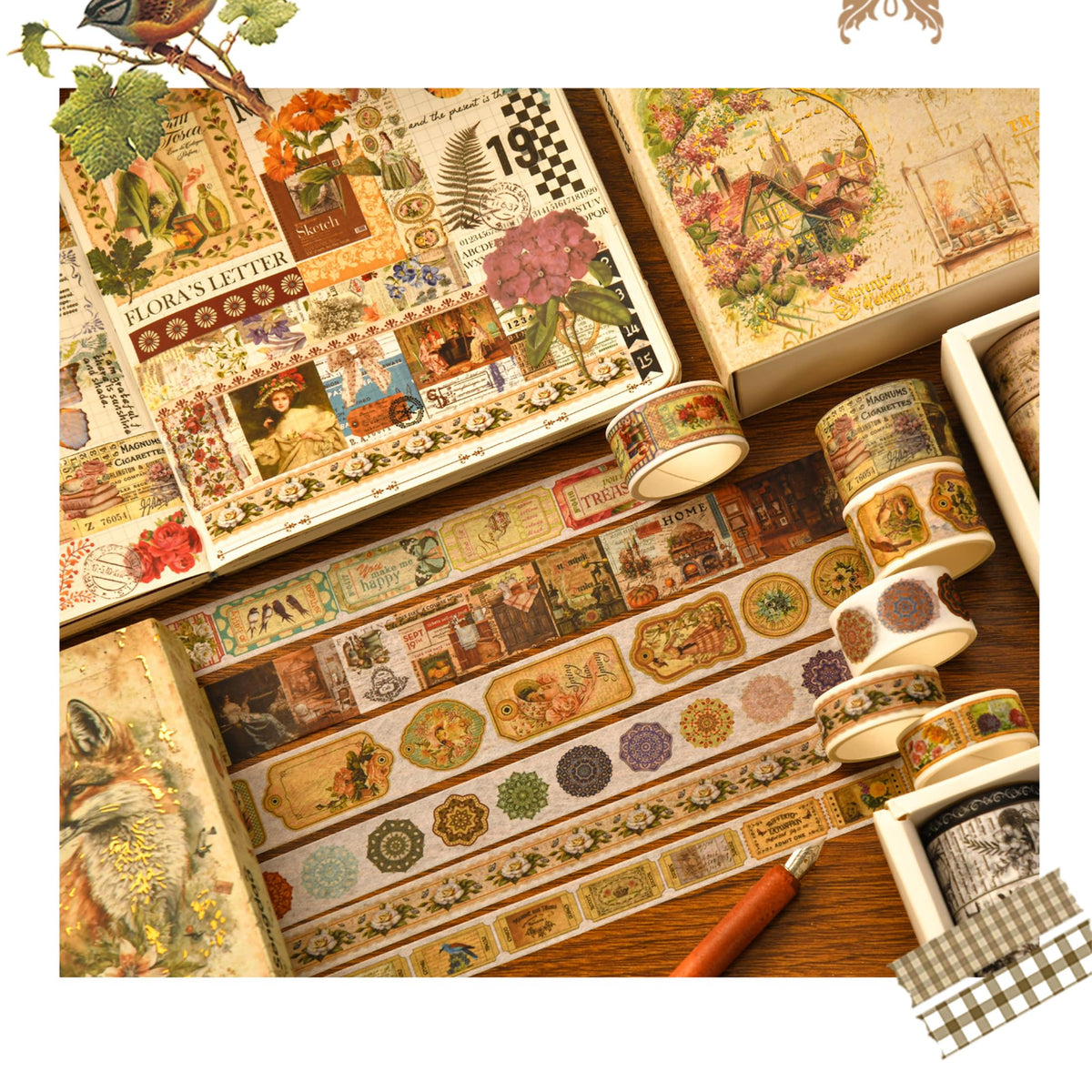 Songdao 36 Rolls Vintage Washi Tape Pack Retro Arts Adhesive Tapes Wide Chronicle Decorative