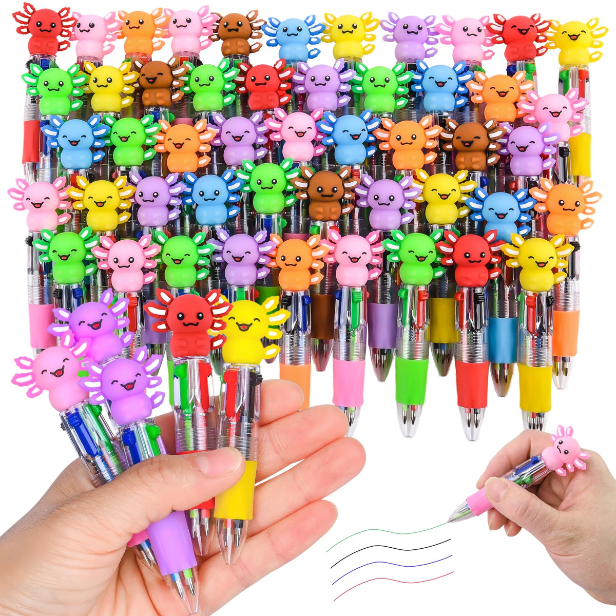 LiYiQ 50 Pcs Axolotl Party Favor Multicolor Pen in One Cartoon Cute Fun 4-in-1 Cute Pens Bulk