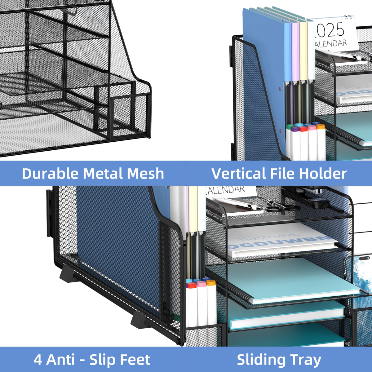 5-Tier Desk Organizer with Paper Trays, File Holders and Pen Holders, Black
