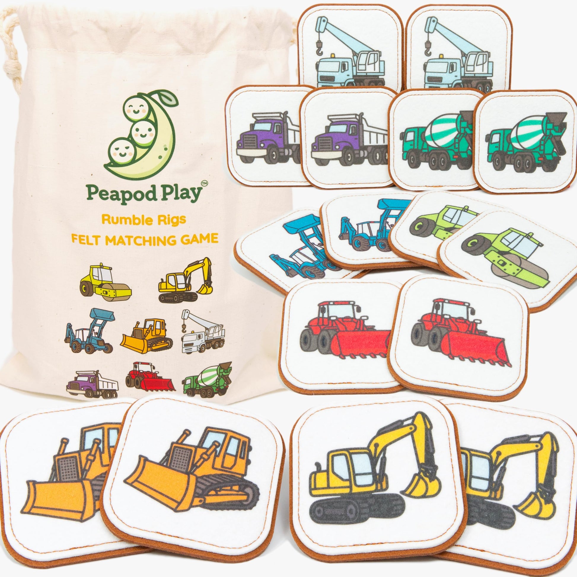 Felt Construction Matching Game for Toddlers – Truck Memory Game & Flash Cards – Soft and Safe for